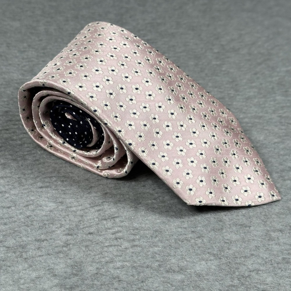 Tommy Hilfiger Mens Tie Pink Silk White Flowers Pattern Navy Pin Dot Tail 58x3.4